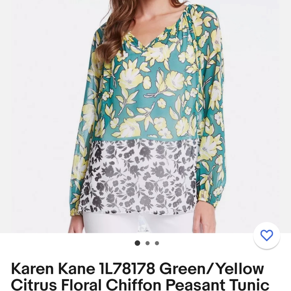 Karen Kane green/yellow citrus floral chiffon peasunt tunic blouse top size XL - Picture 3 of 13